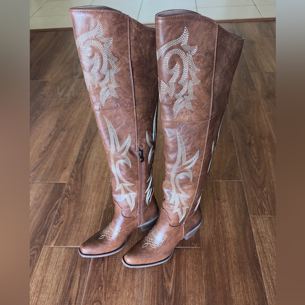 Brown Embroidered Knee-High Western Boots for Women